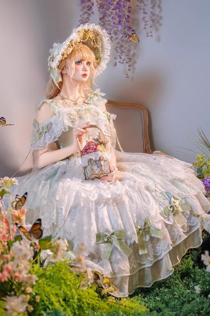 Emerald Glazed Phantom Off-Shoulder Ruffle Hanayome Bow Lace Dress