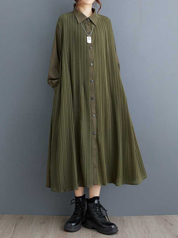 Stylish Army Green Lapel Buttoned Pleated Pockets Long Sleeves Shirt Dress WS001