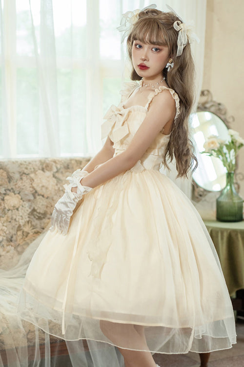 Sweet Lolita JSK Gown with Ruffled Straps, Bow & Sleeveless Design