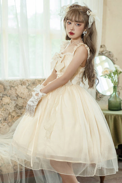 Sweet Lolita JSK Gown with Ruffled Straps, Bow & Sleeveless Design