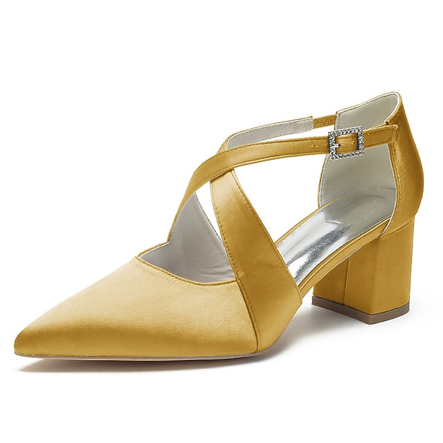 Heels Block Women's Toe White Pointed – Satin Elegant