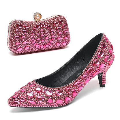 Women's Matching Heel Kitten Shoes Crystal-Embellished and