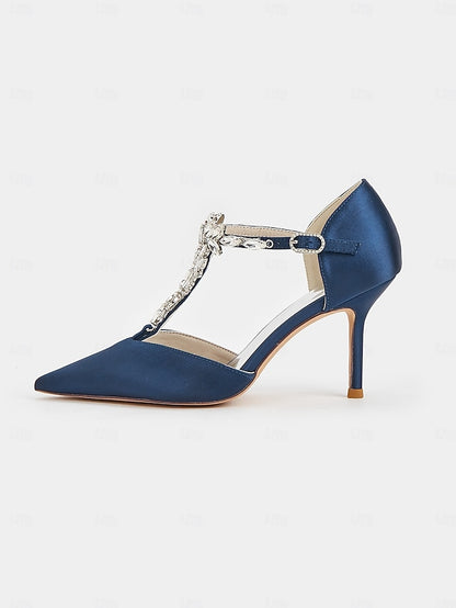 Navy Women's Heels T-Strap Pointed Toe Satin – Blue