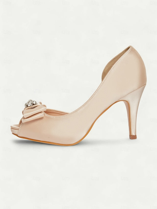 Satin Peep Toe Bow and with Heels Champagne Women's