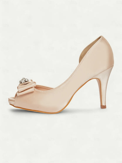 Satin Peep Toe Bow and with Heels Champagne Women's
