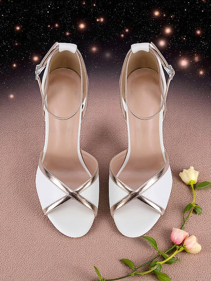 with Strap Ankle Metallic Women's Block White Sandals Heel
