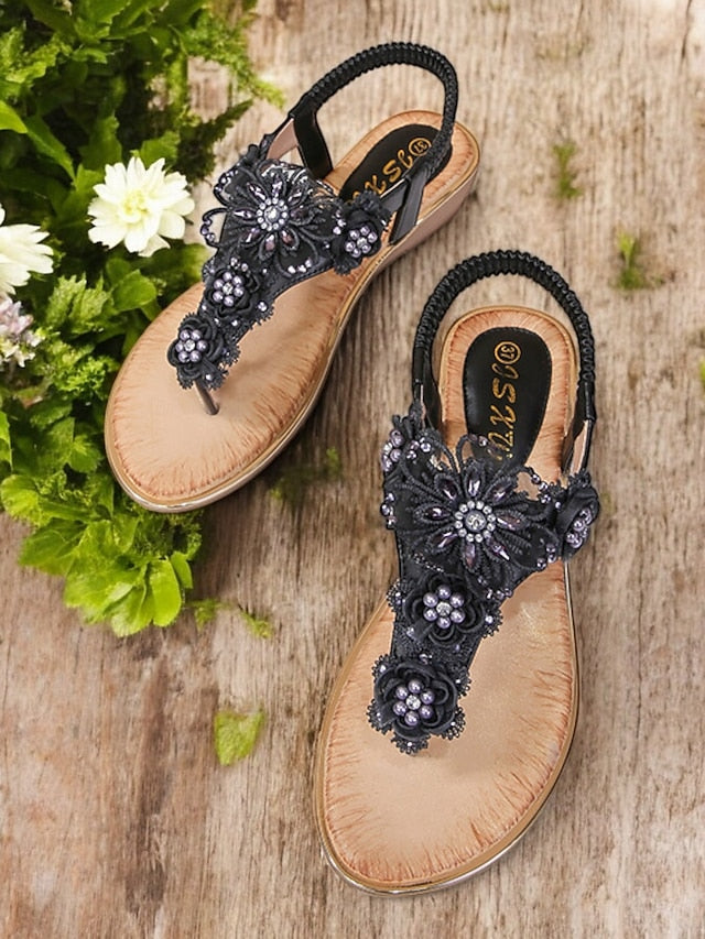 Women's Floral Sandals Pink T-Strap – Lace Embellished