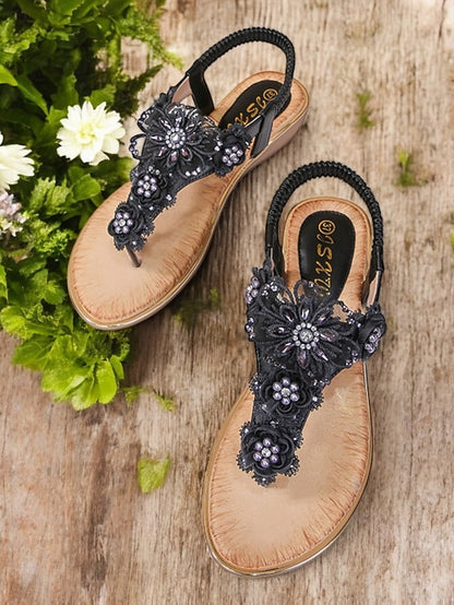 Women's Floral Sandals Pink T-Strap – Lace Embellished