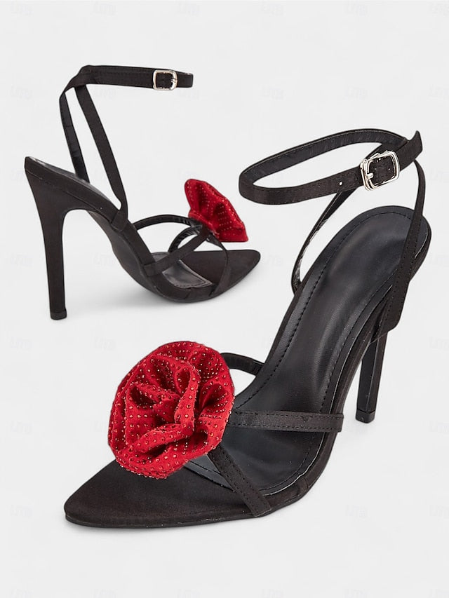 Black Embellishments Heel Chic with High Red - Sandals Floral
