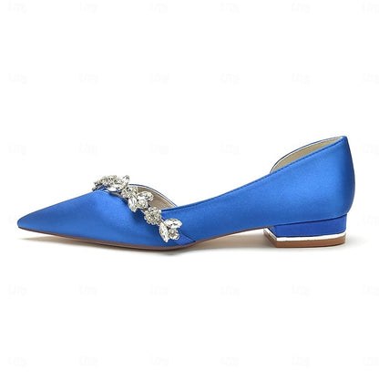 Shoes Pointed with Toe Crystal Wedding Satin Flat and White