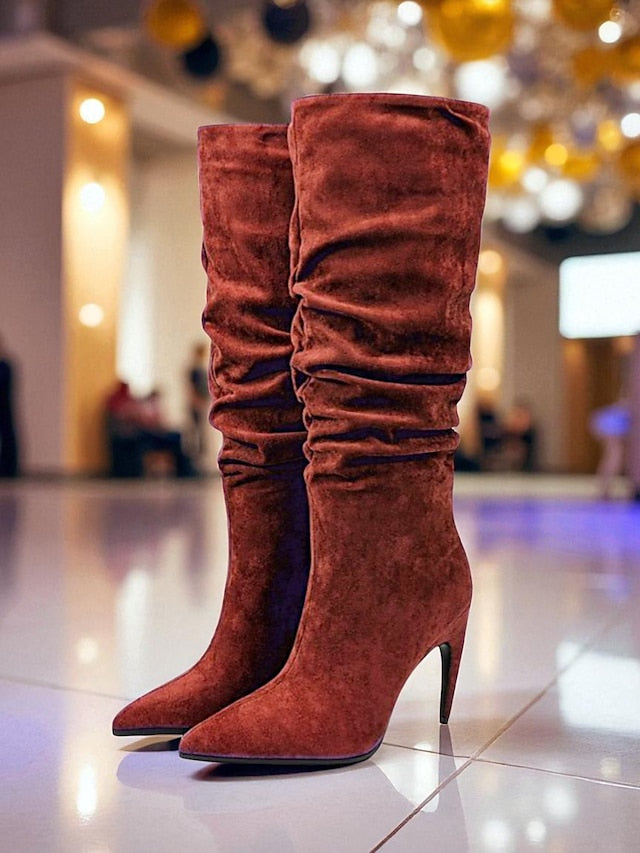 Boots Toe Velvet Pointed - Green Slouch Women's High Knee