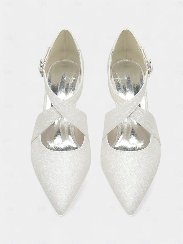 White Heels Glitter Cross Rhinestone Buckle with Kitten Strap