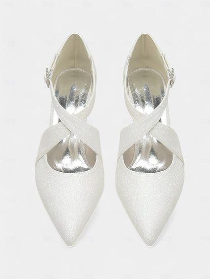 White Heels Glitter Cross Rhinestone Buckle with Kitten Strap