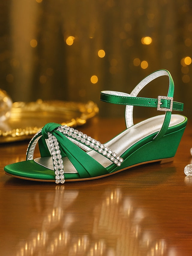 - Satin Green Rhinestone Wedge Sandals Knot Women's