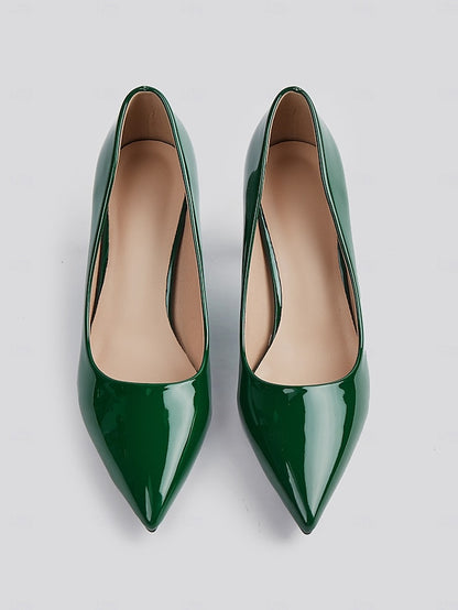 Heel Green Leather Faux Glossy Patent Pumps Pointed-Toe Block