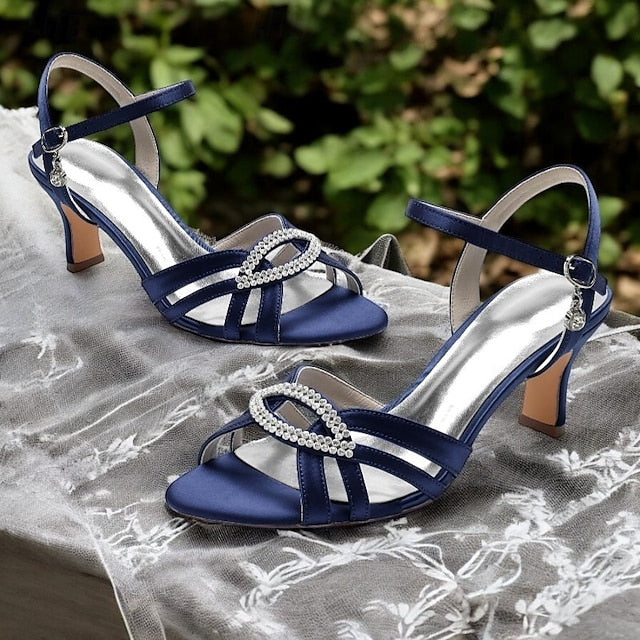 Satin Heels Blue Rhinestone Dark Women's Strappy with