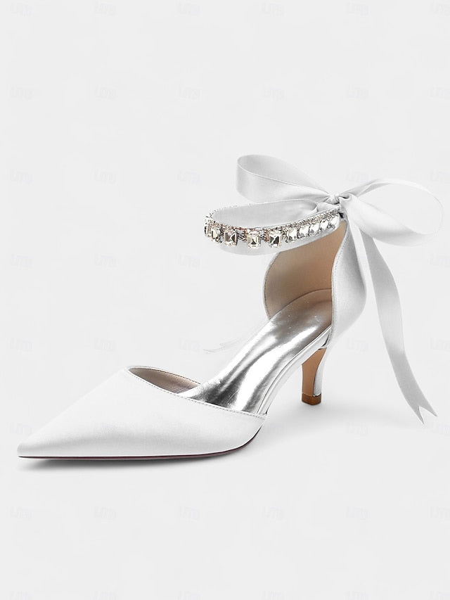 Ankle Rhinestone and Pointed-Kitten Strap with Heels Satin Blue