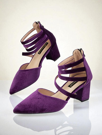 Block Toe Blue Pointed with Women's Pumps Heel Velvet