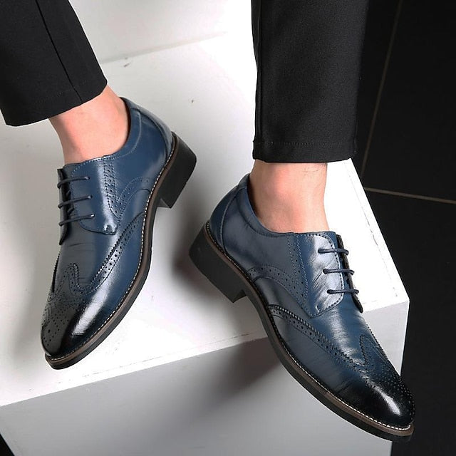Blue Brogue with Shoes Faux Oxford Classic Leather Men's