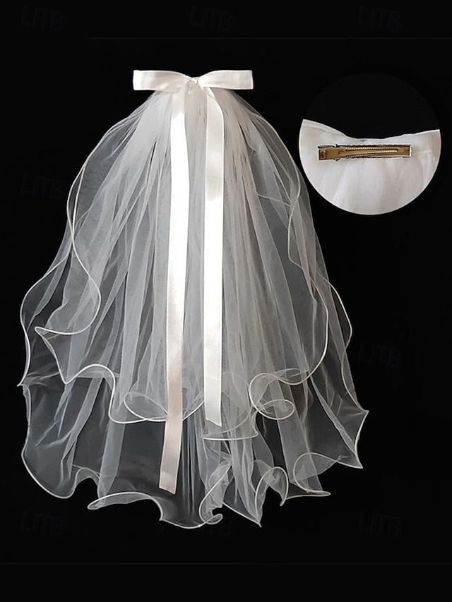 Ivory with - Soft Elegant Ribbon Tulle Bridal Satin and Veil