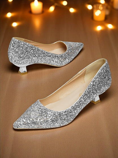 Pointed Glitter Pumps Toe - Sparkly Women's Low Heel