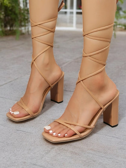 Women's Heel with Block White Clear Heels Lace-Up Strappy