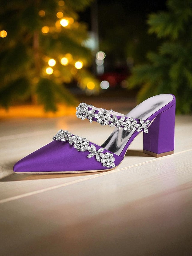 Heel Block Mules with Black Satin Floral Rhinestone Women's