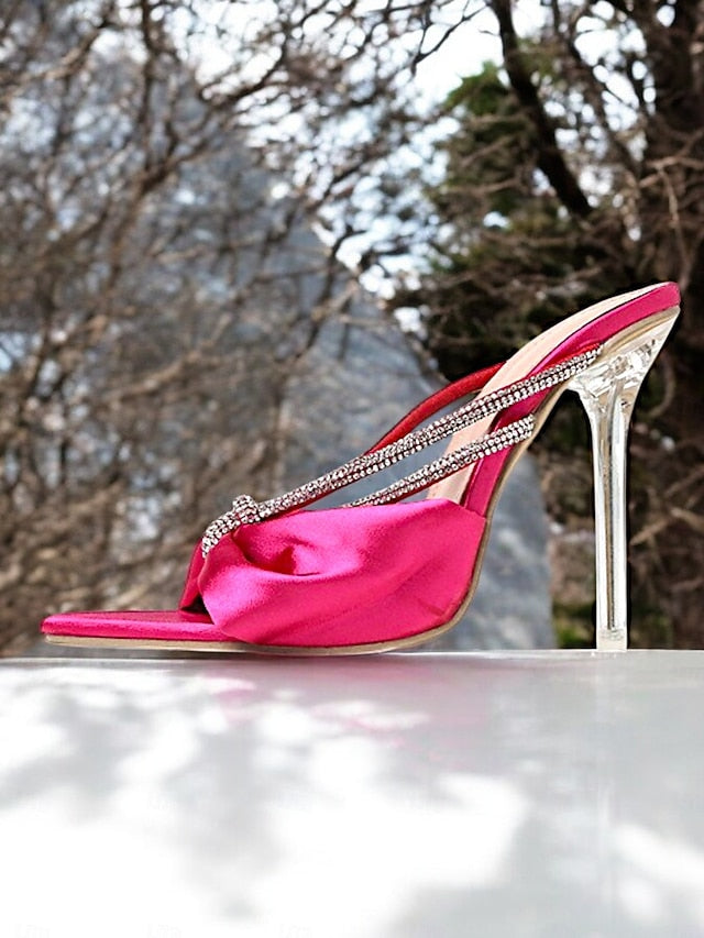 Satin Pink Hot Heeled – Rhinestone Sandals Women's Bow
