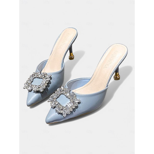 Buckle with Pointed Mules Light Toe Crystal Women's Blue