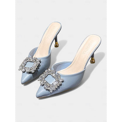 Toe Blue Mules Buckle Women's Light Crystal Pointed with