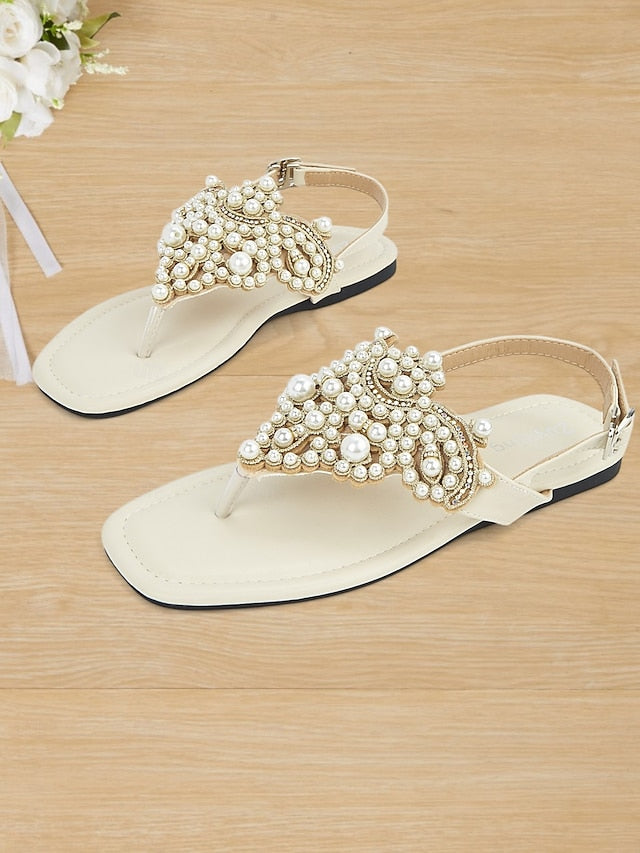 Elegant – Women's T-Strap Sandals Flat Pearl-Embellished