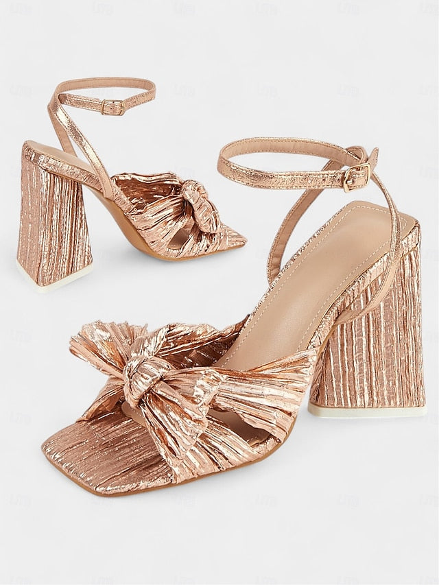Textured Detail with Block and Gold Rose Knot Sandals Heel