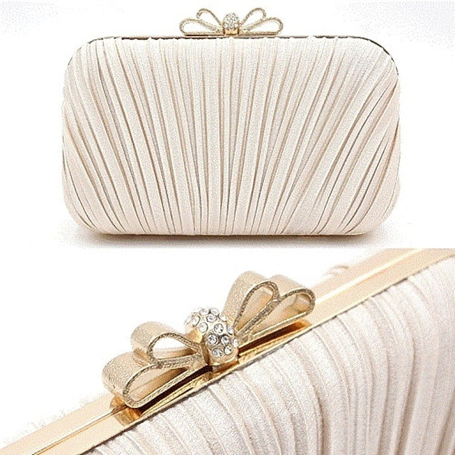 Women's – Bag Elegant Rhinestone Clutch White Bow Pleated