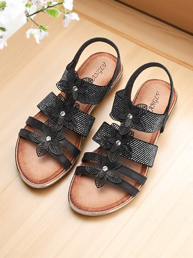 Elegant Women's Beige Floral Rhinestone – Flat Sandals