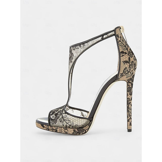 Mesh Design Heels Stiletto for with Peep-Toe Lace Black