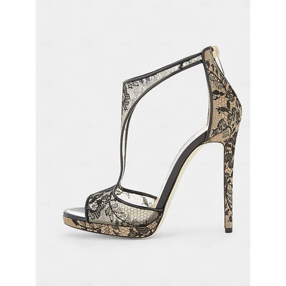 Mesh Design Heels Stiletto for with Peep-Toe Lace Black