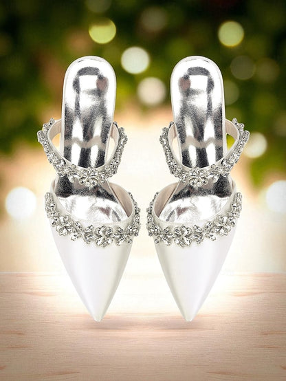 Heel Block Mules with Black Satin Floral Rhinestone Women's