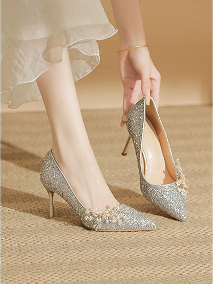 Glitter Silver Heels Stiletto Floral with Women's