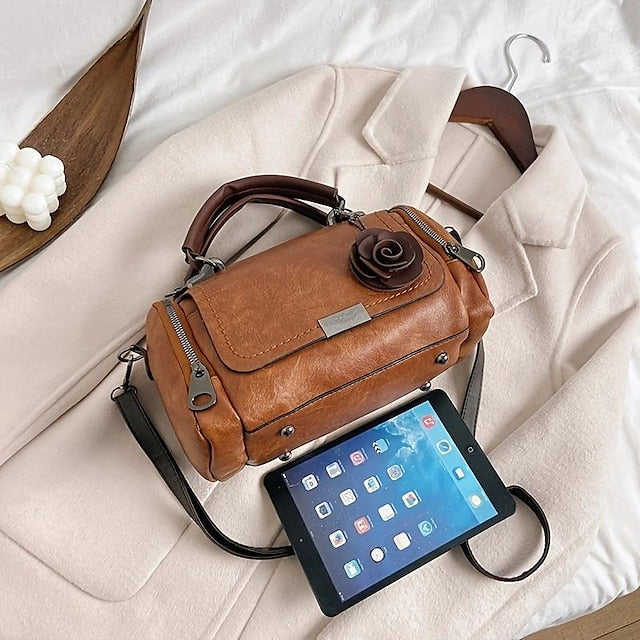 Vintage-Style Floral Handbag Women's Faux with Leather