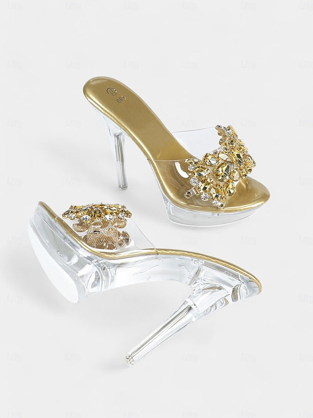– Women's Embellished Rhinestone Platform Clear Heels