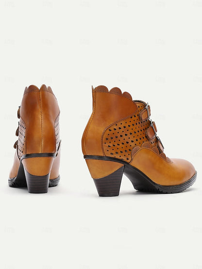 Boots Perforated Ankle Women's Vintage Brown Buckle Strap -