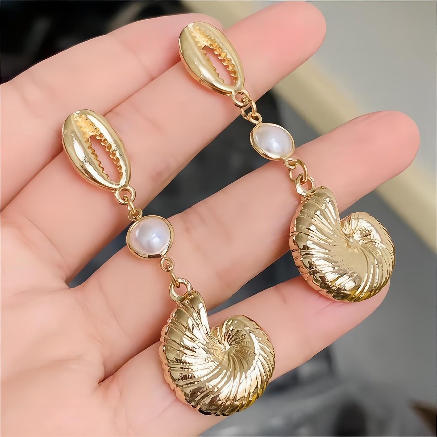 Boho Pearl Charm Shell Metallic Conch Earrings