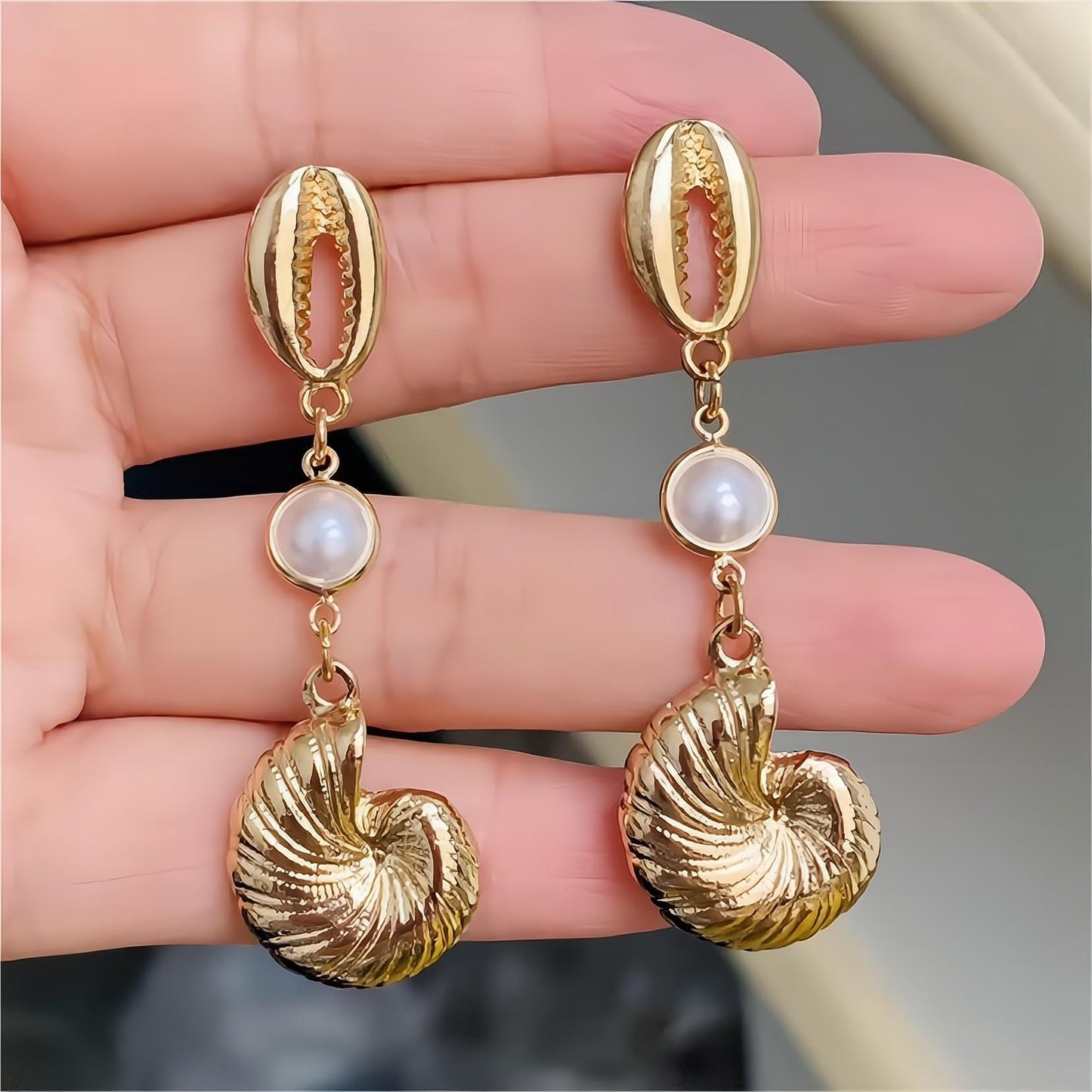 Boho Pearl Charm Shell Metallic Conch Earrings