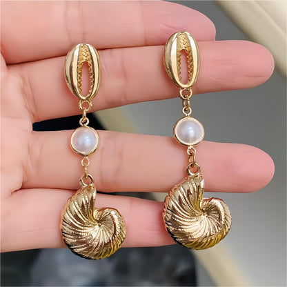 Boho Pearl Charm Shell Metallic Conch Earrings