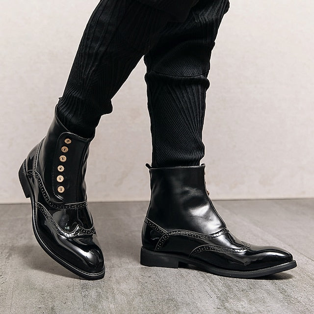 Button Wingtip Green Boots Stylish - Men's Leather Vintage