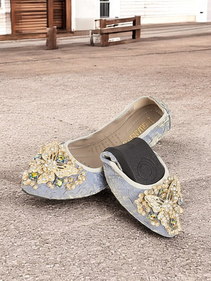 Foldable Women's Beaded Flats with Embroidered Ballet
