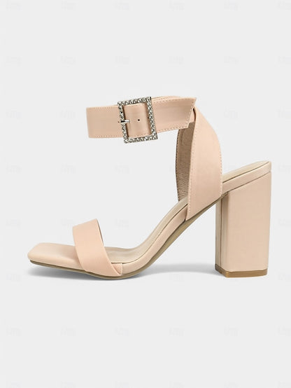 Women's Heel Nude with Rhinestone Block Sandals Satin