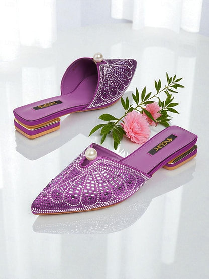 Gold Glamorous Mules Pearl with Rhinestone Detail Women's -