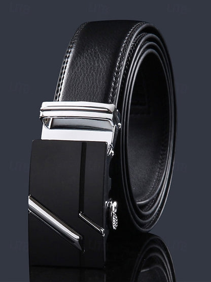 with Elegant Adjustable Black Leather Men's Belt Metal