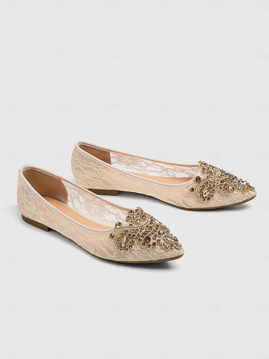 Beige Ornate Ballet Lace Women's with Elegant Flats